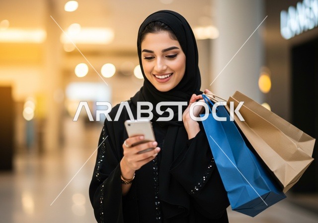 Remote payment operations through modern technological devices, carrying shopping bags by hand, marketing offers and advertisements, an Arab Gulf Saudi woman wearing a hijab and an abaya shopping while holding a mobile phone, the concept of shopping and acquiring gifts, shopping places in Saudi Arabia.