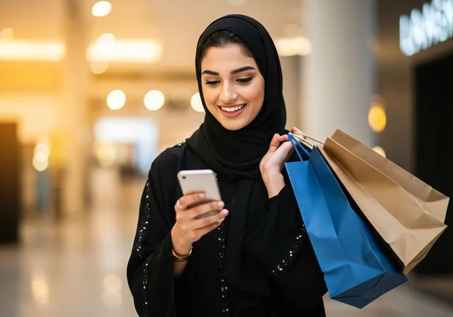 عمليات الدفع عن بعد من خلال اجهزة تقنية حديثة،حمل أكياس تسوق باليد، العروض والإعلانات التسويقية,  إمرأة عربية خليجية سعودية محجبة ترتدي العباءة وتقوم بالتسوق تحمل بيدها هاتف محمول, مفهوم التسوق واقتناء الهدايا، أماكن التسوق في السعودية
