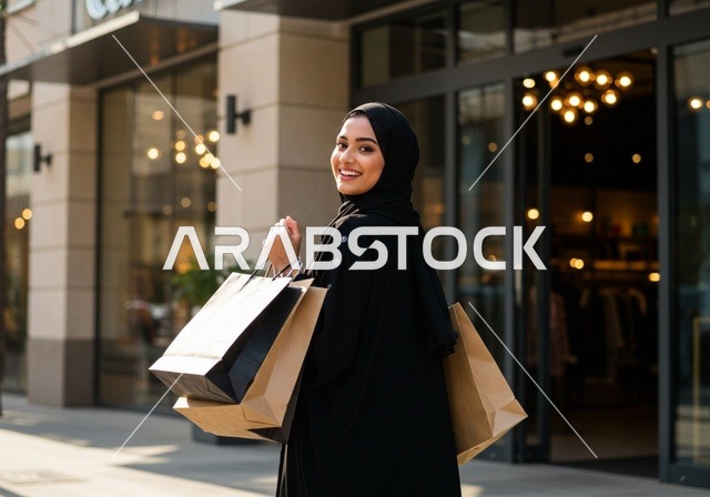 حمل أكياس تسوق باليد، النظر الى الكاميرا بتعابير السرور,  العروض والإعلانات التسويقية,  إمرأة عربية خليجية سعودية محجبة ترتدي العباءة وتقوم بالتسوف تقف في مكان التسوق, مفهوم التسوق واقتناء الهدايا، أماكن التسوق في السعودية
