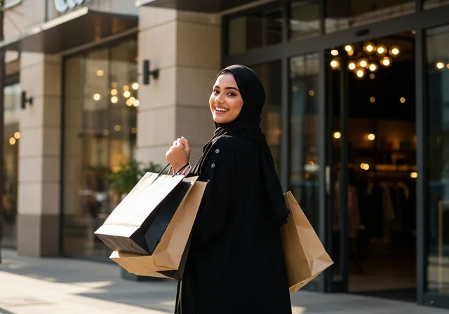 حمل أكياس تسوق باليد، النظر الى الكاميرا بتعابير السرور,  العروض والإعلانات التسويقية,  إمرأة عربية خليجية سعودية محجبة ترتدي العباءة وتقوم بالتسوف تقف في مكان التسوق, مفهوم التسوق واقتناء الهدايا، أماكن التسوق في السعودية