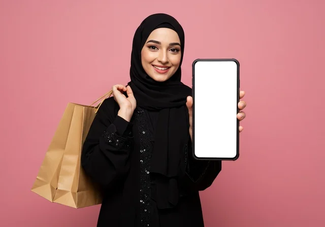 خلفية شاشة بيضاء على هاتف محمول, حمل كيس تسوق باليد، النظر الى الكاميرا بتعابير السرور,  العروض والإعلانات التسويقية, بورتريه مقرب لإمرأة عربية خليجية سعودية محجبة ترتدي العباءة تمسك بيدها موبايل حديث, لوحات توضيحية ووسائل تعليمية,  خلفية وردية