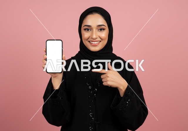 الاشارة بإصبع السبابة إلى خلفية شاشة بيضاء على هاتف محمول, النظر الى الكاميرا بتعابير السرور,  العروض والإعلانات التسويقية, بورتريه مقرب لإمرأة عربية خليجية سعودية محجبة ترتدي العباءة تمسك بيدها موبايل حديث, لوحات توضيحية ووسائل تعليمية,  خلفية وردية