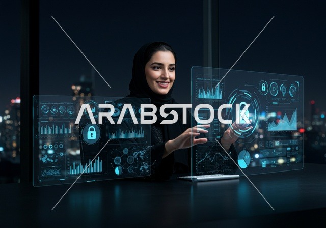 العمل في بيئة مكتبية حديثة، ايماءات السعادة والاندماج، الجلوس أمام شاشة افتراضية شفافة عليها رسوم بيانية، إمرأة عربية خليجية سعودية ترتدي الحجاب والعباءة السوداء تقوم انهاء المهام اليومية، الأمن السيبراني وحماية البيانات ولوحة مفاتيح بيضاء