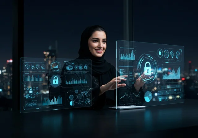 العمل في بيئة مكتبية حديثة، ايماءات السعادة والاندماج، الجلوس أمام شاشة افتراضية شفافة عليها رسوم بيانية، إمرأة عربية خليجية سعودية ترتدي الحجاب والعباءة السوداء تقوم انهاء المهام اليومية، الأمن السيبراني وحماية البيانات ولوحة مفاتيح بيضاء