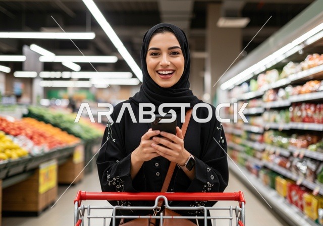 A Saudi woman is buying essential supplies and necessities, taking advantage of discounts on products. An Arab Gulf Saudi woman wearing a hijab and abaya is holding a phone in one hand and pulling a shopping cart in front of her, enjoying strolling in the mall and shopping center, with expressions of happiness from enjoyable shopping.
