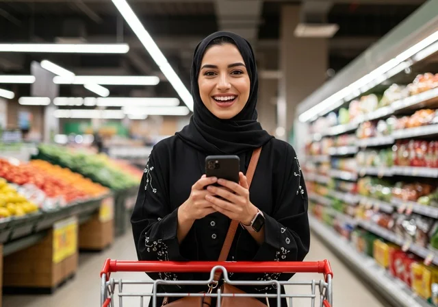 شراء المستلزمات والحاجيات الضرورية، الاستفادة من الخصومات على المنتجات، امرأة عربية خليجية سعودية ترتدي الحجاب والعباءة تحمل بيدها هاتف وتجر عربة التسوق أمامها، الاستمتاع بالتجول في المول والمركز التجاري، تعابير السعادة بالتسوق الممتع