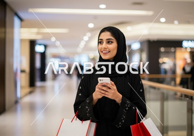 مولات وأماكن التسوق في السعودية، عمليات الدفع عن بعد من خلال اجهزة تقنية حديثة، حمل أكياس تسوق باليد، العروض والإعلانات التسويقية, إمرأة عربية خليجية سعودية محجبة ترتدي العباءة وتقوم بالتسوق تحمل بيدها هاتف محمول, مفهوم التسوق واقتناء الهدايا