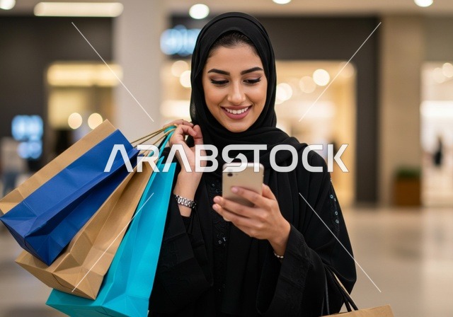 عمليات الدفع عن بعد من خلال اجهزة تقنية حديثة،حمل أكياس تسوق باليد، العروض والإعلانات التسويقية,  إمرأة عربية خليجية سعودية محجبة ترتدي العباءة وتقوم بالتسوق تحمل بيدها هاتف محمول, مفهوم التسوق واقتناء الهدايا، أماكن التسوق في السعودية