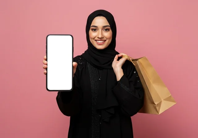 خلفية شاشة بيضاء فارغة على هاتف محمول, حمل كيس تسوق باليد، النظر الى الكاميرا بتعابير السرور,  العروض والإعلانات التسويقية, بورتريه مقرب لإمرأة عربية خليجية سعودية محجبة ترتدي العباءة تمسك بيدها موبايل حديث, لوحات توضيحية ووسائل تعليمية,  خلفية وردية