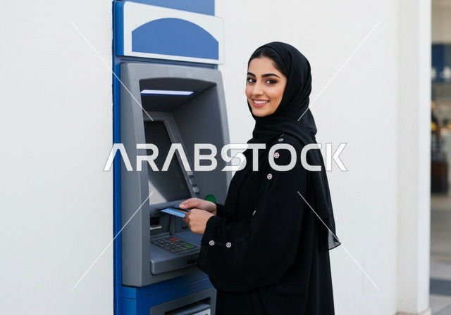 Gestures of happiness and comfort, using modern means and technologies, a Saudi Gulf Arab woman wearing a hijab and a black abaya is inserting a credit card into an ATM, the ease and ability to withdraw cash, payment and purchasing through bank cards.