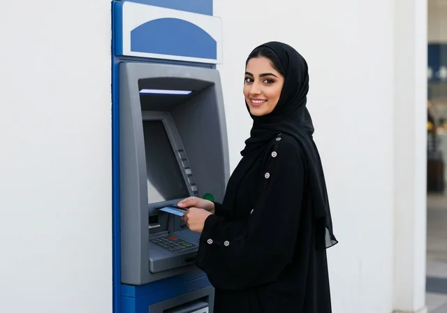 ايماءات السعادة والراحة، استخدام الوسائل والتقنيات الحديثة، إمرأة عربية خليجية سعودية ترتدي الحجاب والعباءة السوداء تقوم بإدخال البطاقة الائتمانية في ماكينة الصراف الآلي، ، سهولة وإمكانية سحب النقود،  الدفع والشراء من خلال البطاقات البنكية