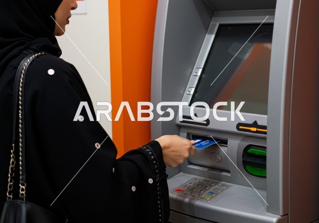 سهولة وإمكانية سحب النقود،  استخدام الوسائل والتقنيات الحديثة، صورة مقربة لإمرأة عربية خليجية سعودية ترتدي العباءة السوداء تقوم بإدخال البطاقة الائتمانية في ماكينة الصراف الآلي، ،الدفع والشراء من خلال البطاقات البنكية