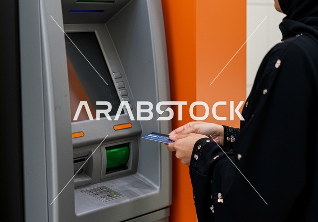 استخدام الوسائل والتقنيات الحديثة،  ، صورة مقربة لإمرأة عربية خليجية سعودية ترتدي العباءة السوداء تقوم بإدخال البطاقة الائتمانية في ماكينة الصراف الآلي، ، سهولة وإمكانية سحب النقود،  الدفع والشراء من خلال البطاقات البنكية