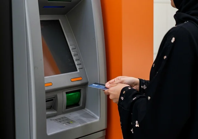 استخدام الوسائل والتقنيات الحديثة،  ، صورة مقربة لإمرأة عربية خليجية سعودية ترتدي العباءة السوداء تقوم بإدخال البطاقة الائتمانية في ماكينة الصراف الآلي، ، سهولة وإمكانية سحب النقود،  الدفع والشراء من خلال البطاقات البنكية