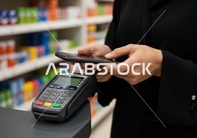 The joy of shopping in a supermarket, a close-up image of a Saudi Gulf Arab woman wearing a black abaya making an electronic payment using a credit card, paying for household supplies in a Saudi mall, the ease of payment via an ATM card.
