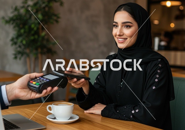 وقت الجلوس مع النفس والاسترخاء في كوفي شوب ، شابة عربية خليجية سعودية ترتدي الحجاب والعباءة تقوم بالدفع  بطريقة الكترونية بإستخدام بطاقة الإئتمان البنكية ، دفع حساب القهوة في مقهى راقي ، سهولة الدفع عبر بطاقة الصراف