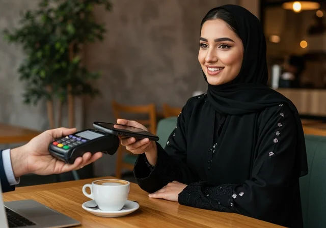 وقت الجلوس مع النفس والاسترخاء في كوفي شوب ، شابة عربية خليجية سعودية ترتدي الحجاب والعباءة تقوم بالدفع  بطريقة الكترونية بإستخدام بطاقة الإئتمان البنكية ، دفع حساب القهوة في مقهى راقي ، سهولة الدفع عبر بطاقة الصراف