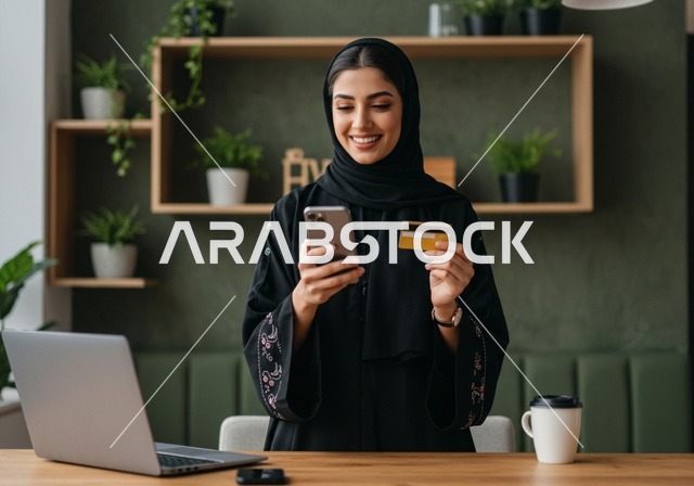 The use of modern technologies in daily life, confirming information from a yellow card to a mobile phone, an Arab Gulf Saudi woman wearing a hijab and a black abaya holding a yellow bank card in her hand, the concept of femininity and softness, gestures of happiness and joy.