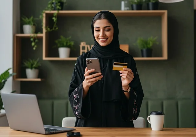 استخدام التقنيات الحديثة في الحياة اليومية، تأكيد المعلومات من البطاقة إلى هاتف محمول، إمرأة عربية خليجية سعودية ترتدي حجاب وعباءة سوداء تحمل بيدها بطاقة بنكية باللون الاصفر، مفهوم الأنوثة والنعومة، ايماءات السعادة والسرور