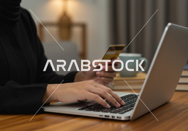 نقل المعلومات من بطاقة صفراء غلى جهاز الحاسب المحمول، صورة مقربة لأيدي إمرأة عربية خليجية سعودية ترتدي عباءة سوداء تحمل بيدها بطاقة بنكية باللون الاصفر، مفهوم الأنوثة والنعومة، المهارة الكتابة السريعة على لوحة المفاتيح