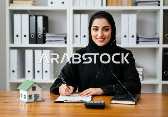 امضاء عقد شراء العقارات، السعي لامتلاك بيت جديد، الروابط الأسرية القوية، شابة عربية خليجية سعودية ترتدي حجاب وعباءة سوداء بجانبها على المكتب مجسم خشبي صغير لمنزل، النظر إلى الكاميرا بإيماءات السرور والأمل، اسكان وتمليك