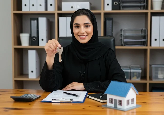 بيع وشراء العقارات، السعي لامتلاك بيت جديد، الروابط الأسرية القوية، شابة عربية خليجية سعودية ترتدي حجاب وعباءة  تحمل بيديها مفتاح صغير لمنزل بجانبها على المكتب مجسم خشبي لمنزل، بإيماءات السرور والأمل، اسكان وتمليك