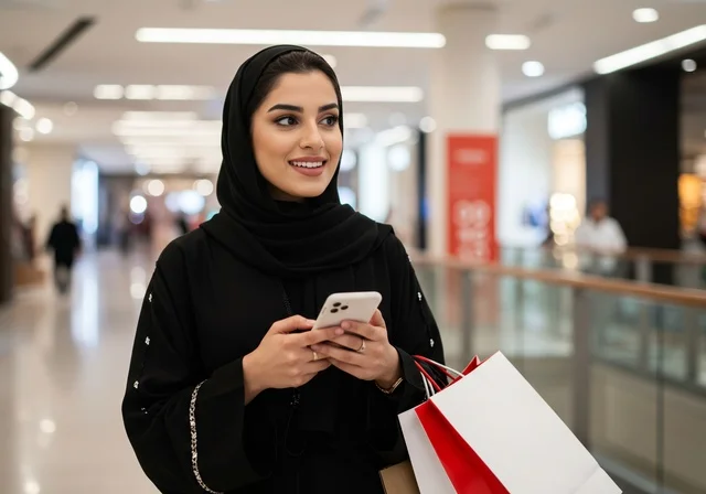 مولات وأماكن التسوق في السعودية، عمليات الدفع عن بعد من خلال اجهزة تقنية حديثة، حمل أكياس تسوق باليد، العروض والإعلانات التسويقية, إمرأة عربية خليجية سعودية محجبة ترتدي العباءة وتقوم بالتسوق تحمل بيدها هاتف محمول, مفهوم التسوق واقتناء الهدايا