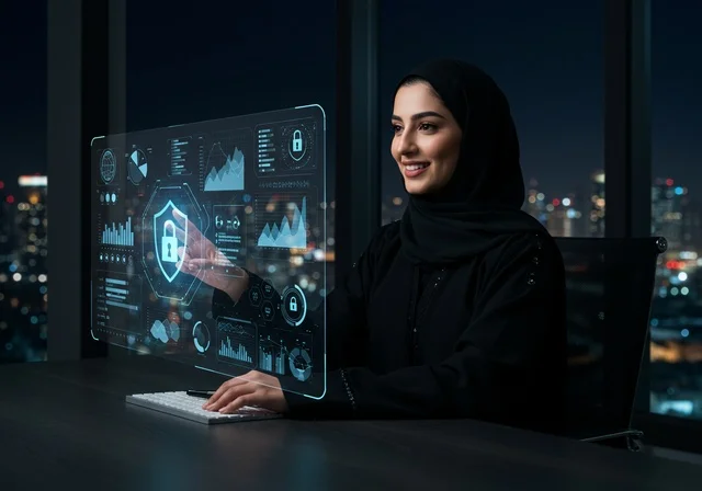 Working in a modern office environment, gestures of happiness and engagement, sitting in front of a transparent virtual screen displaying graphs, an Arab Gulf Saudi woman wearing a hijab and a black abaya completing daily tasks, cybersecurity and data protection, and a white keyboard.