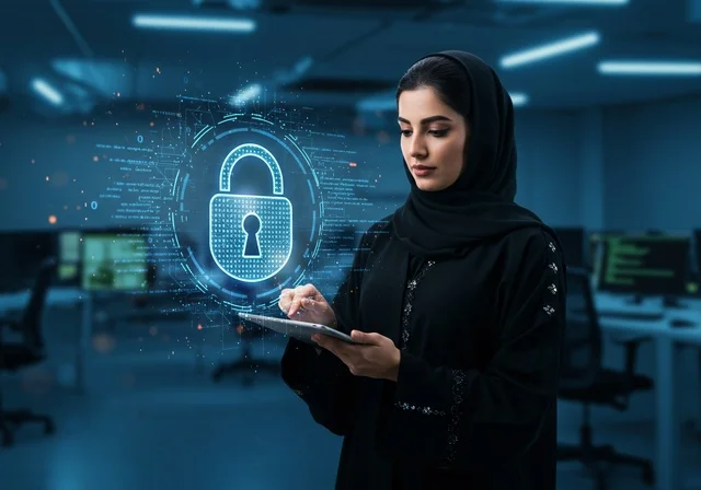 الوقوف في بيئة رقمية مكتبية حديثة مظلمة، ايماءات التركيز والاندماج، استخدام الوسائل والتقنيات الحديثة، إمرأة عربية خليجية سعودية ترتدي الحجاب والعباءة السوداء تحمل بيدها جهازا لوحيا (تابلت) يخرج منه قفل باللون الأزرق، الأمن السيبراني وحماية البيانات