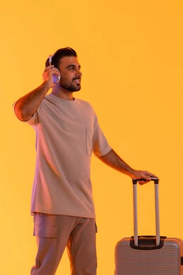 Getting ready for an enjoyable summer trip, going on recreational tours, looking with gestures of joy and happiness, the concept of tourism during the summer vacation, a portrait of an Arab Gulf Emirati man wearing casual attire and headphones holding a luggage bag in his hand, a full-body image, with an orange background.