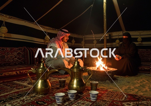 Tourist camps in wilderness areas, a youth camping and gathering session, camping in the deserts of Saudi Arabia, an Arab Gulf Saudi man wearing traditional thobe and shemagh in a popular Bedouin tent in the desert with his wife, the calm winter atmosphere at night, customs of serving hot Arabic coffee.