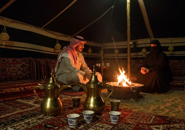 مخيمات سياحية في المناطق البرية، كشتة و جلسة بر شبابية، التخييم في صحاري السعودية، رجل عربي خليجي سعودي يرتدي الثوب والشماغ التقليدي في خيمة بدوية شعبية وسط الصحراء برفقة زوجته، الأجواء الشتوية الهادئة في وقت الليل، عادات تقديم القهوة العربية الساخنة