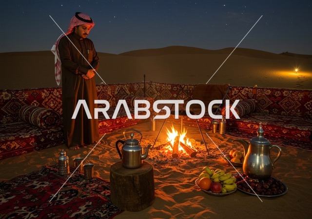 مخيمات سياحية في المناطق البرية، كشتة و جلسة بر شبابية، التخييم في صحاري السعودية، رجل عربي خليجي سعودي يرتدي الثوب والشماغ التقليدي في خيمة بدوية شعبية وسط الصحراء، الأجواء الشتوية الهادئة في وقت الليل