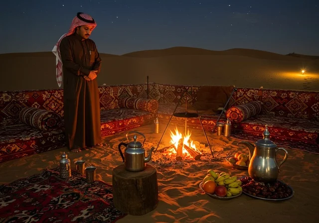 مخيمات سياحية في المناطق البرية، كشتة و جلسة بر شبابية، التخييم في صحاري السعودية، رجل عربي خليجي سعودي يرتدي الثوب والشماغ التقليدي في خيمة بدوية شعبية وسط الصحراء، الأجواء الشتوية الهادئة في وقت الليل