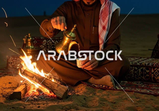 مخيمات سياحية في المناطق البرية، كشتة و جلسة بر شبابية، التخييم في صحاري السعودية، رجل عربي خليجي سعودي يرتدي الثوب والشماغ التقليدي في خيمة بدوية شعبية وسط الصحراء، الأجواء الشتوية الهادئة في وقت الليل