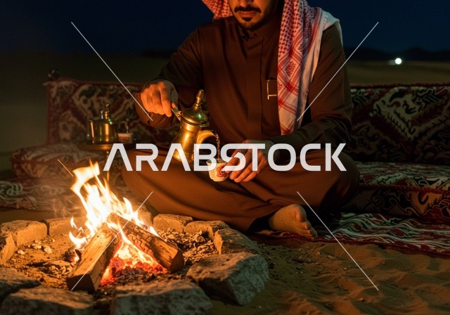 مخيمات سياحية في المناطق البرية، كشتة و جلسة بر شبابية، التخييم في صحاري السعودية، رجل عربي خليجي سعودي يرتدي الثوب والشماغ التقليدي في خيمة بدوية شعبية وسط الصحراء، الأجواء الشتوية الهادئة في وقت الليل