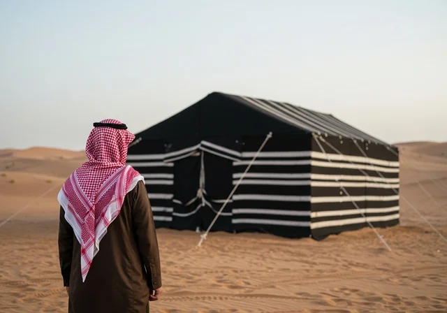 مخيمات سياحية في المناطق البرية، كشتة و جلسة بر شبابية، التخييم في صحاري السعودية، صورة من الخلف لرجل عربي خليجي سعودي يرتدي الثوب والشماغ التقليدي في خيمة بدوية شعبية وسط الصحراء، الأجواء الشتوية الهادئة