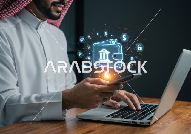 شراء عقار جديد عبر الانترنت, رجل عربي خليجي سعودي يرتدي الشماغ والثوب التقليدي يقوم باستخدام الهاتف المحمول واللابتوب، مجسم بيت جديد بتقنية الهولوجرام، امتلاك سكن حديث والاستقرار العائلي , مفهوم الاسكان والتمليك، شاشة زرقاء مضيئة