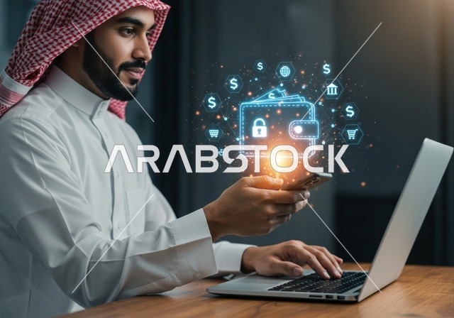 شراء عقار جديد عبر الانترنت, رجل عربي خليجي سعودي يرتدي الشماغ والثوب التقليدي يقوم باستخدام الهاتف المحمول واللابتوب، مجسم بيت جديد بتقنية الهولوجرام، امتلاك سكن حديث والاستقرار العائلي , مفهوم الاسكان والتمليك، شاشة زرقاء مضيئة