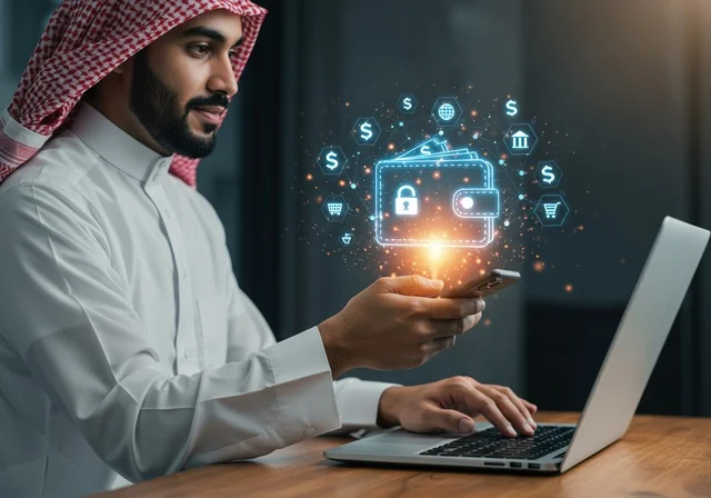 Buying a new property online, a Gulf Arab Saudi man wearing a ghutrah and traditional thobe is using a mobile phone and a laptop, a hologram model of a new house, owning modern housing and family stability, the concept of housing and ownership, a bright blue screen.