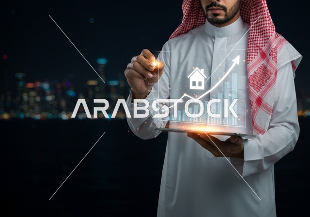 Buying a new property, a Saudi Gulf Arab man wearing a traditional thobe and shemagh holding a hologram model of a new house in his hand, owning a modern residence and family stability, the concept of housing and ownership, a glowing blue screen.
