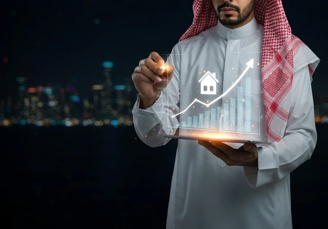 Buying a new property, a Saudi Gulf Arab man wearing a traditional thobe and shemagh holding a hologram model of a new house in his hand, owning a modern residence and family stability, the concept of housing and ownership, a glowing blue screen.