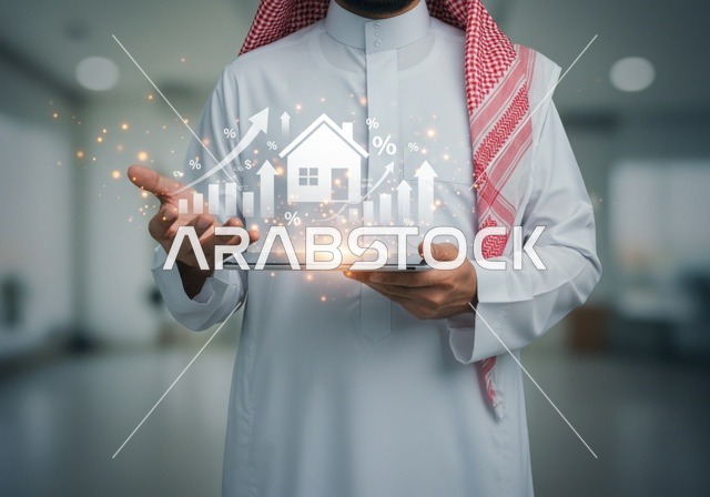 شراء عقار جديد, رجل عربي خليجي سعودي يرتدي الشماغ والثوب التقليدي يحمل بيده مجسم بيت جديد بتقنية الهولوجرام، امتلاك سكن حديث والاستقرار العائلي , مفهوم الاسكان والتمليك، شاشة زرقاء مضيئة