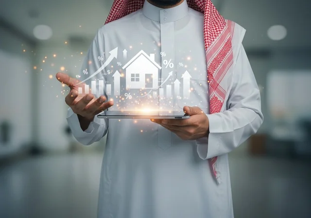 Buying a new property, a Saudi Gulf Arab man wearing a traditional thobe and shemagh holding a hologram model of a new house in his hand, owning a modern residence and family stability, the concept of housing and ownership, a glowing blue screen.