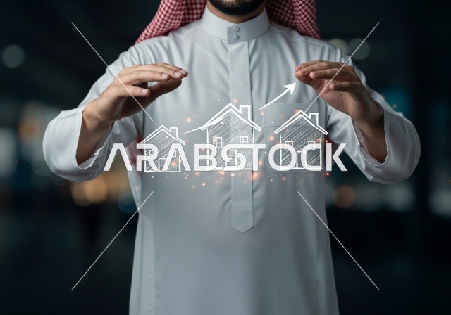 شراء عقار جديد, رجل عربي خليجي سعودي يرتدي الشماغ والثوب التقليدي يحمل بيده مجسم بيت جديد بتقنية الهولوجرام، امتلاك سكن حديث والاستقرار العائلي , مفهوم الاسكان والتمليك، شاشة زرقاء مضيئة