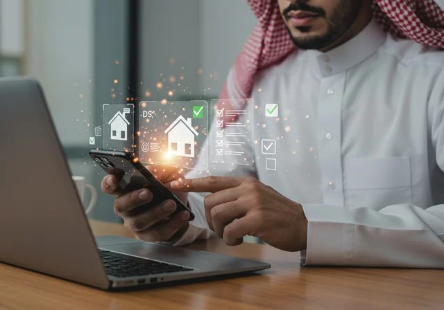 Buying a new property online, a Gulf Arab Saudi man wearing a ghutrah and traditional thobe is using a mobile phone and a laptop, a hologram model of a new house, owning modern housing and family stability, the concept of housing and ownership, a bright blue screen.