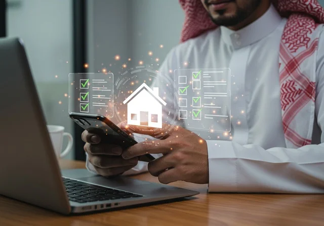 Buying a new property online, a Gulf Arab Saudi man wearing a ghutrah and traditional thobe is using a mobile phone and a laptop, a hologram model of a new house, owning modern housing and family stability, the concept of housing and ownership, a bright blue screen.