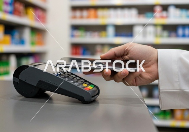 The joy of shopping in a supermarket, a close-up image of a Saudi Arabian Gulf man making an electronic payment using a credit card, paying for household supplies in a Saudi mall, the ease of payment via an ATM card.