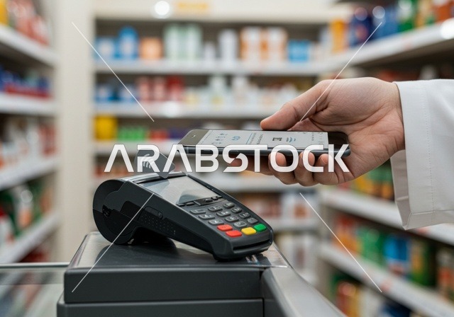 The joy of shopping in a supermarket, a close-up image of a Saudi Arabian Gulf man making an electronic payment using a credit card, paying for household supplies in a Saudi mall, the ease of payment via an ATM card.