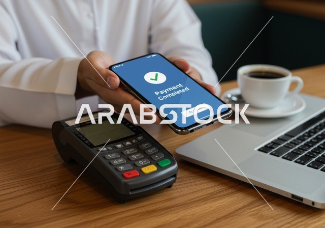 وقت الجلوس مع النفس والاسترخاء في كوفي شوب ، صورة مقربة لرجل عربي خليجي سعودي يقوم بالدفع  بطريقة الكترونية بإستخدام بطاقة الإئتمان البنكية ، دفع حساب القهوة في مقهى راقي ، سهولة الدفع عبر بطاقة الصراف